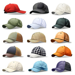 Collection of different hats and caps isolated on white background, realistic, png
