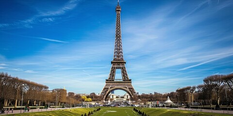 Obraz premium The Eiffel Tower stands tall under a partly cloudy sky, surrounded by autumn foliage.