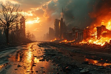 View of burning modern city buildings after war