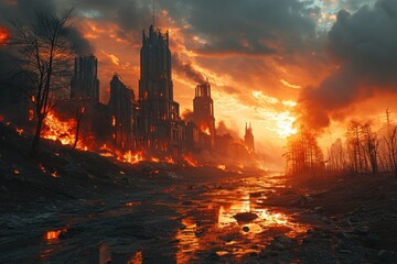 Naklejka premium View of burning modern city buildings after war