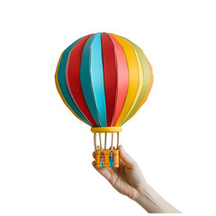 Hand holding a hot air balloon model isolated on white background, minimalism, png
