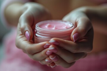 A girl holding a jar of natural cream in her hands.