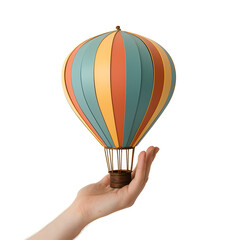Hand holding a hot air balloon model isolated on white background, minimalism, png
