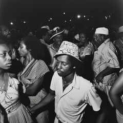 People of the 80s, African Americans, a man and a woman in a crowd, dressed in summer clothes. Black and white photo, retro.
