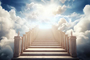 Poster Stairway to heaven through white clouds in blue sky background. © stopabox