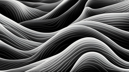 Wallpaper in black, white and shades of gray with a wavy pattern of sea waves 4K