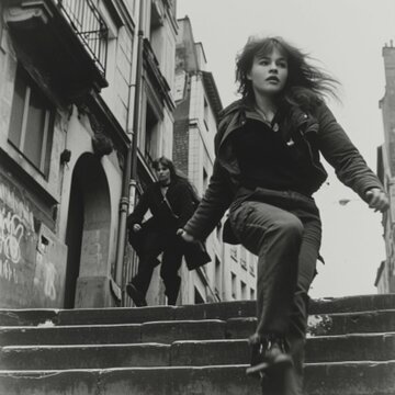 A girl in a jacket and trousers is running up the stairs, her hair disheveled. A young man in a jacket and trousers is running after her. People of the 80s. Black and white photo, retro.