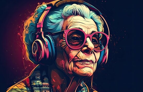 An elderly artist immersed in her craft, adorned with glasses and headphones, paints a cartoonish illustration of a human face in a lively and detailed sketch