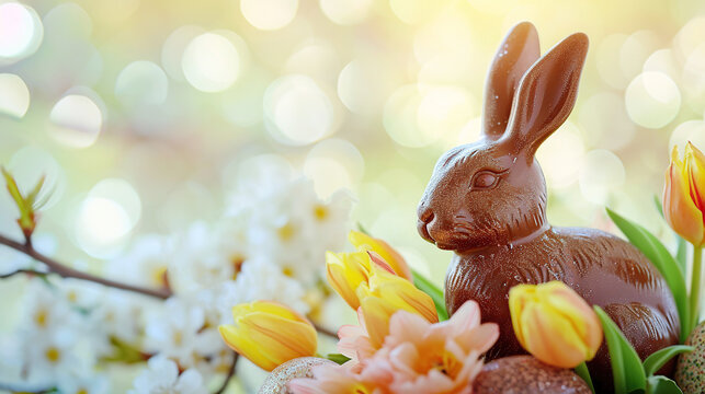 Easter adorable elegant chocolate bunny with many speckled Easter eggs on a background of tulips. Festive spring card