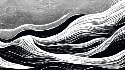 Wallpaper in black, white and shades of gray with a wavy pattern of sea waves 4K