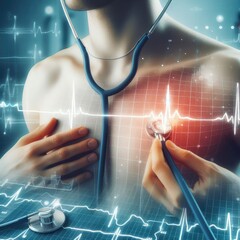 Cardiologist doctor examine patient heart functions and blood vessel on virtual interface. Medical technology and healthcare treatment to diagnose heart disorder and disease of cardiovascular system. - obrazy, fototapety, plakaty