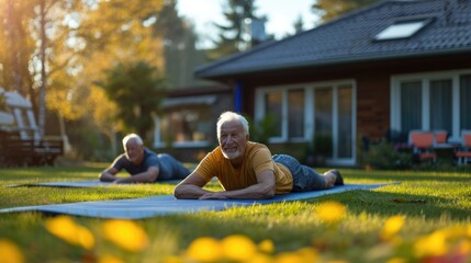Fototapeta premium happy elderly couple is doing fitness in the yard of their house, the trend of senior fitness active aging