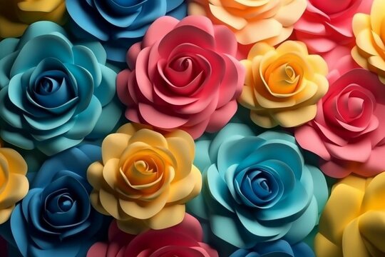 Background with colorful flowers. Wallpaper featuring blue, yellow, and pink roses. Rendered in 3D. Generative AI