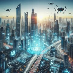 A world of the future with cutting-edge technological imagery featuring futuristic architecture, robots, smart cities and sustainable innovation