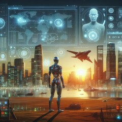 A world of the future with cutting-edge technological imagery featuring futuristic architecture, robots, smart cities and sustainable innovation