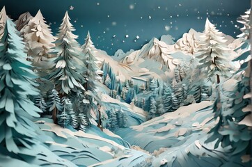 Winter landscape of coniferous forest under snowflakes against the backdrop of snow-capped mountains. 3D paper style illustration. Concept for greeting post card, New Year and Christmas, calendars. AI