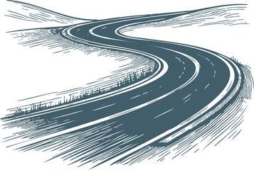 Vector graphic featuring a meandering paved road extending into the distance, presented as a simple stencil illustration - obrazy, fototapety, plakaty