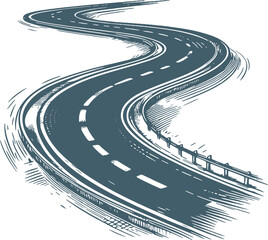 Stencil-style vector illustration of a meandering paved road extending into the distance on a white background