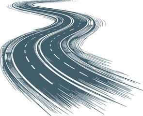 monochromatic illustration depicting a curved asphalt road vanishing into the distance in vector stencil format - obrazy, fototapety, plakaty