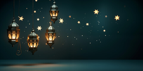 Ramadan lanterns background, banner. Arabic night background, islamic backdrop in emerald and gold...