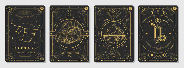 Set of Modern magic witchcraft cards with astrology Capricorn zodiac sign characteristic. Vector illustration