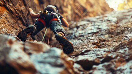 Climber ascending steep rock face, intense concentration, safety gear, natural background.