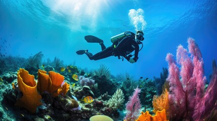 Diver exploring colorful coral reef with fish underwater, explores the marine world.