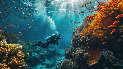 Naklejka na ściany i meble Diver exploring colorful coral reef with fish underwater, explores the marine world.