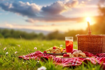 Wicker basket with fruits, cheese, food and drinks on a light blanket on a green lawn park in the sun. Concept of summer vacation with family in nature - obrazy, fototapety, plakaty