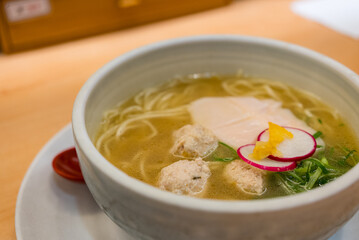 Bowl of Japanese ramen in restaurant