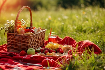 Fototapeta na wymiar Wicker basket with fruits, cheese, food and drinks on a light blanket on a green lawn park in the sun. Concept of summer vacation with family in nature