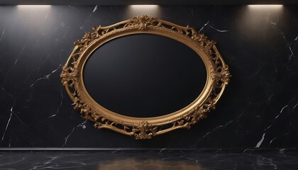 Oval vintage gold frame on black marble wall and floor, three lights above
