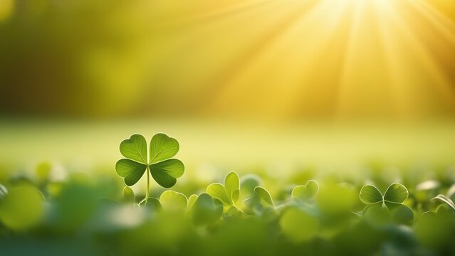beautiful sunny festive Green background with clover trefoil for St. Patrick's Day with free space for text insertion