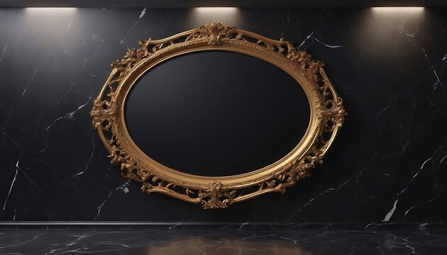 Oval vintage gold frame on black marble wall and floor, three lights above