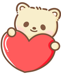 Hand drawn doodle cartoon style illustration of cute kawaii yellow bear for Valentines day with the heart and love theme red for greeting cards holding a heart