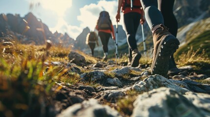 Close-Up of A group of hikers walking on a mountain path focus on Hiking Boots. - obrazy, fototapety, plakaty