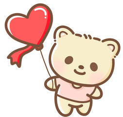 Hand drawn doodle cartoon style illustration of cute kawaii yellow bear for Valentines day with the heart and love theme red for greeting cards with a heart shaped kite balloon