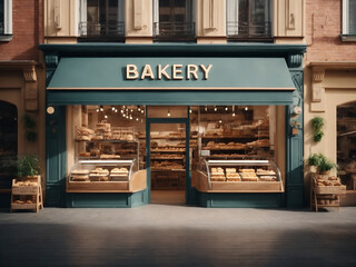 3D bakery shop building facade with baking store, cafe, bread, pastry, and dessert shop front view Market or supermarket design.