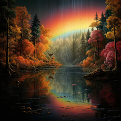 Rainbow lake in a forest