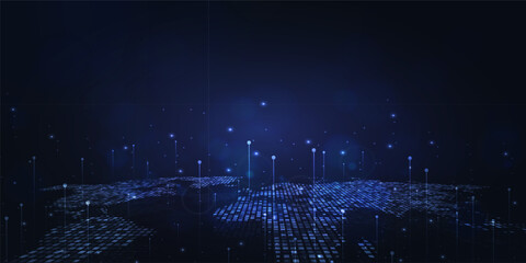 Digital technology futuristic internet network connection dark black background, blue abstract cyber information communication, Ai big data science, innovation future tech, line illustration vector 3d