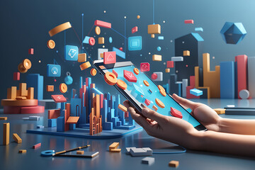 3d hands building application design, UI and UX design concept. Abstract icons floating around the screen. 3d rendering illustration design. - obrazy, fototapety, plakaty
