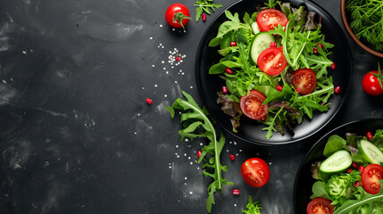Fresh salad with cucumbers, tomatoes and arugula on a black background.
