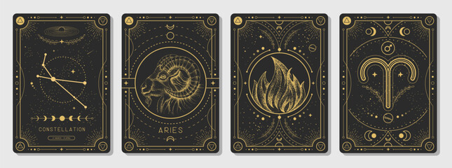 Set of Modern magic witchcraft cards with astrology Aries zodiac sign characteristic. Vector illustration