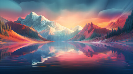 Obraz premium A sunset with mountains and a lake,, Landscape Art -