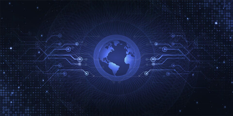 Digital technology futuristic internet network connection dark black background, blue abstract cyber information communication, Ai big data science, innovation future tech, line illustration vector 3d