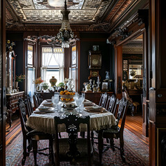 Fototapeta na wymiar classic Victorian-era dining room with ornate furniture and rich colors. 3d render.