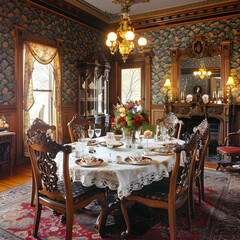classic Victorian-era dining room with ornate furniture and rich colors. 3d render.