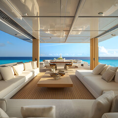 modern Living room on a luxury yacht, wood materials, white beige colors, view of turquoise ocean, tropical location, outdoor indoor. 3d render.