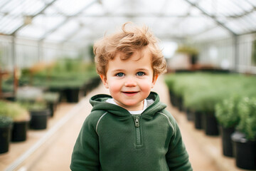 Agriculture, girl in greenhouse for gardening, growing and harvesting vegetables. happy child walking for growing plants, organic food and produce, school