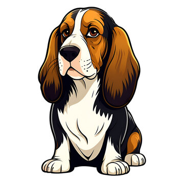 cartoon basset hound dog puppy breed, vector illustration, logo icon tattoo, head / face / full body art, isolated on white background, transparent PNG